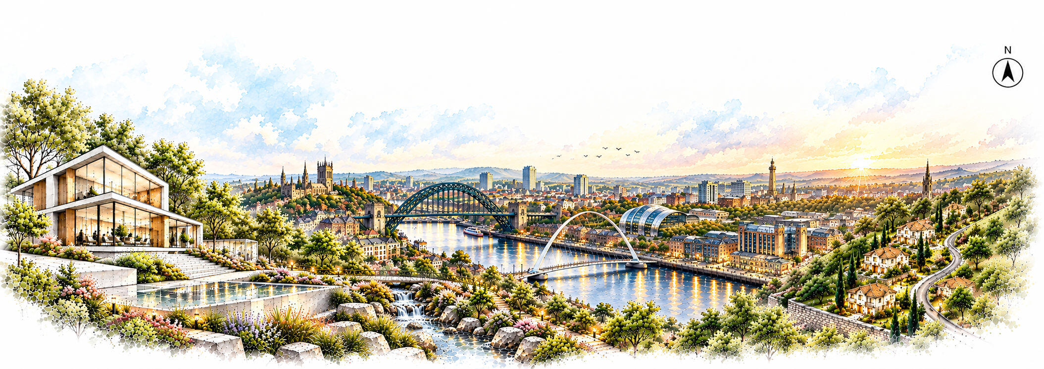 Newcastle upon Tyne skyline featuring the Tyne Bridge and surrounding city architecture