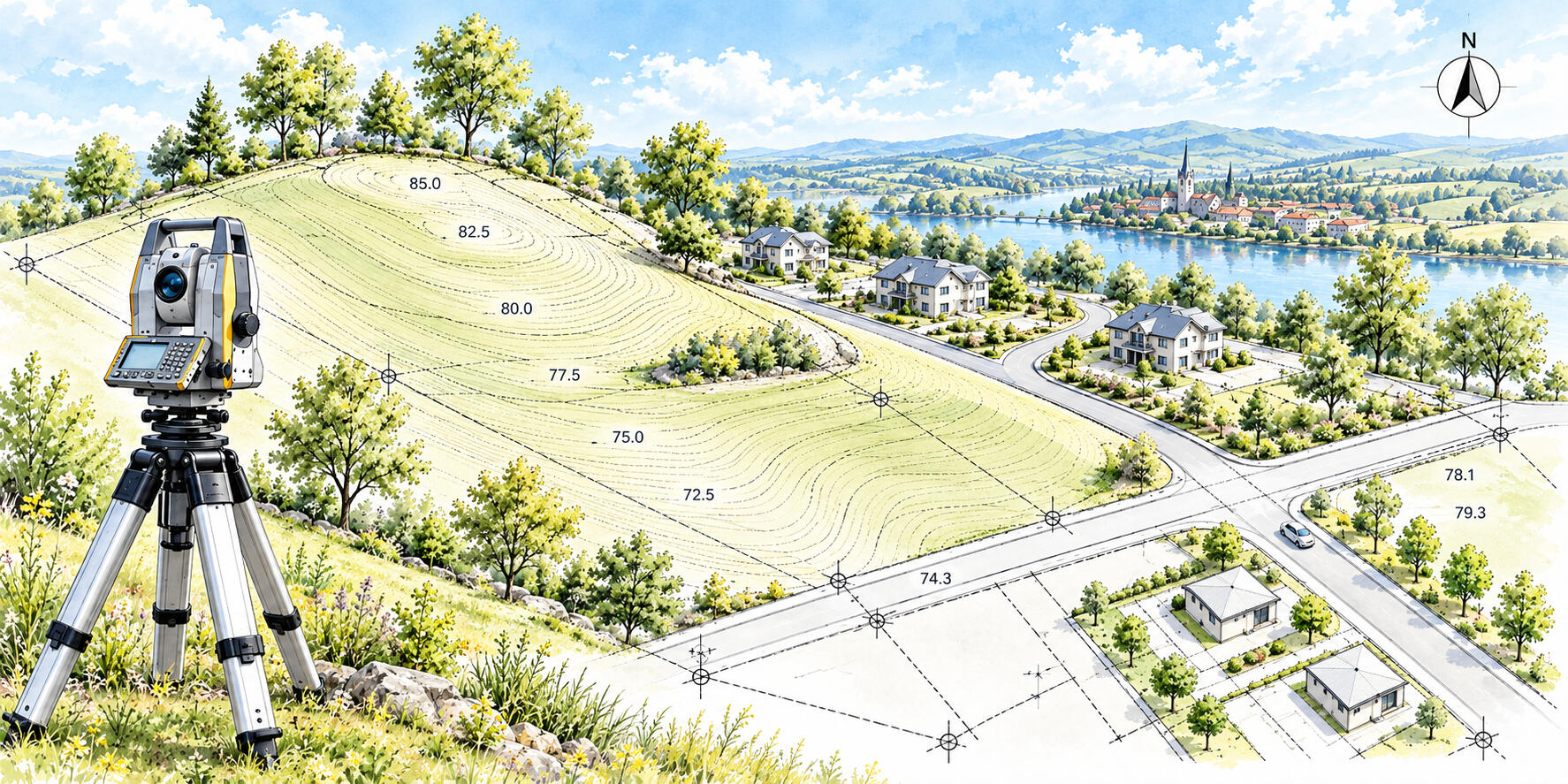 Topographical survey showing land levels, site features, boundaries and surrounding terrain