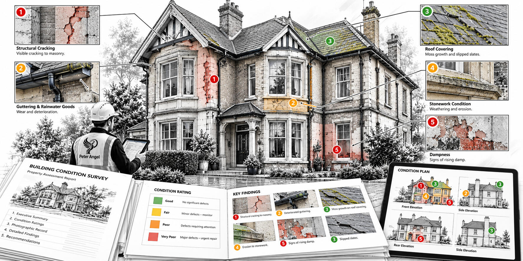 Building condition survey showing property defects, structural details and inspection documentation