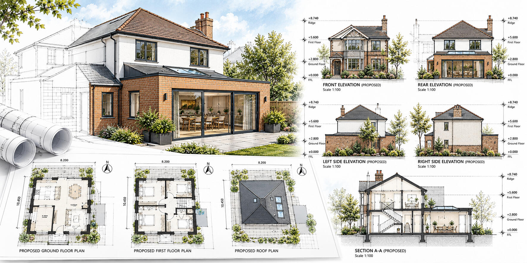 Architectural planning drawings for a residential extension including floor plans and elevations