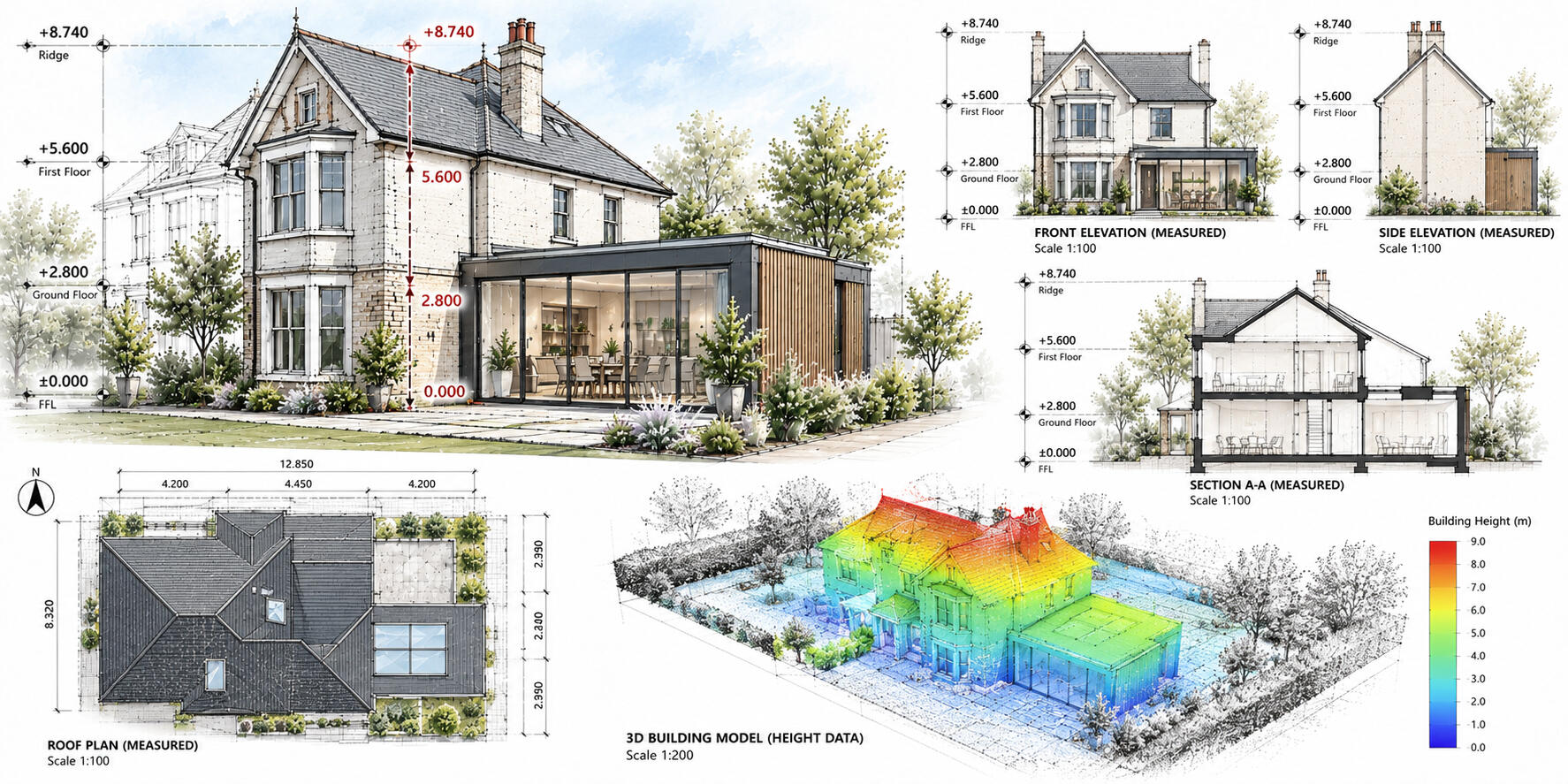Building height survey showing measured elevations, roof levels and dimensional information