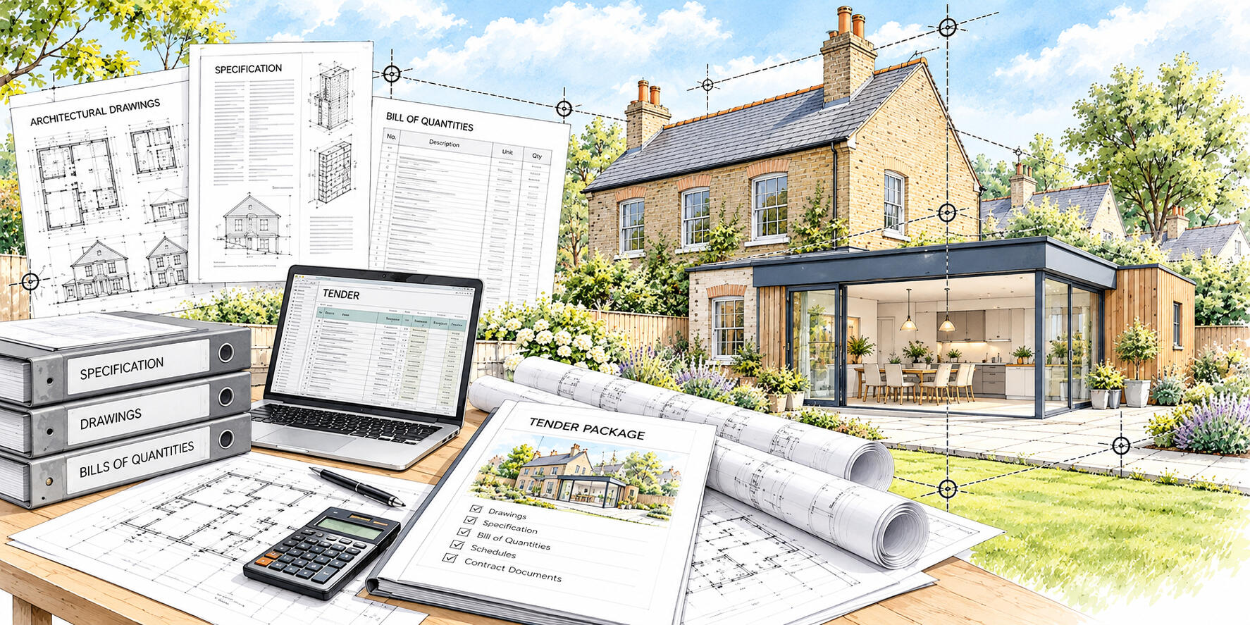 Tender Packages – Peter Angel Construction tender package showing technical drawings, specifications and project documentation